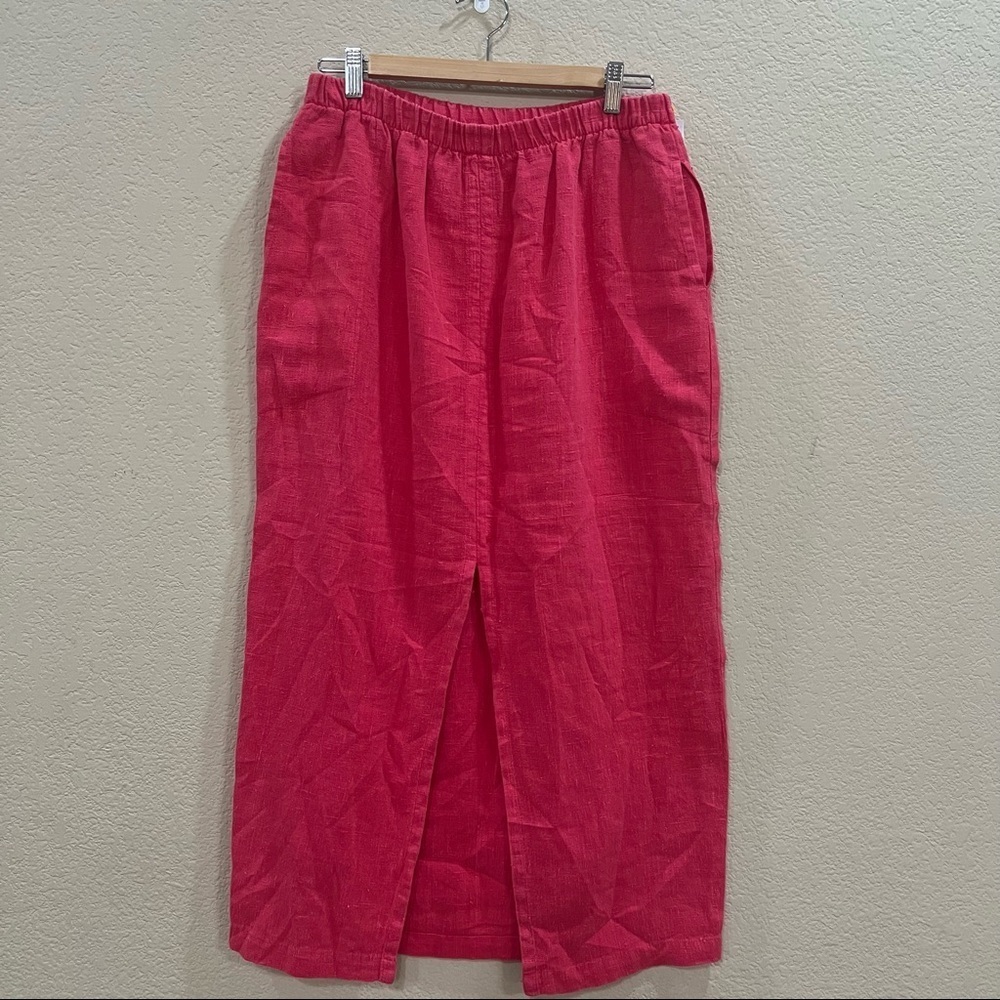 GERTIES Linen Long Pencil Midi Skirt Summer Pink Front Slit Sz M Coastal Retro